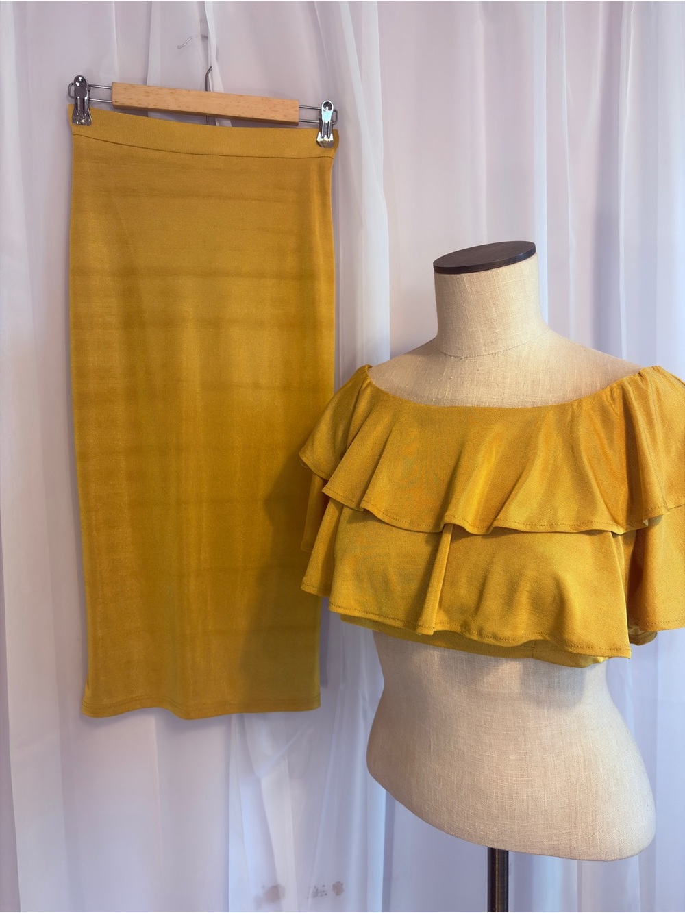 Akira Chicago Sunshine Yellow Ruffle Top and Midi Skirt Set 2 Piece